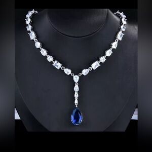 Oval cut sapphire and clear cut drop necklace with genuine swarovski elements
